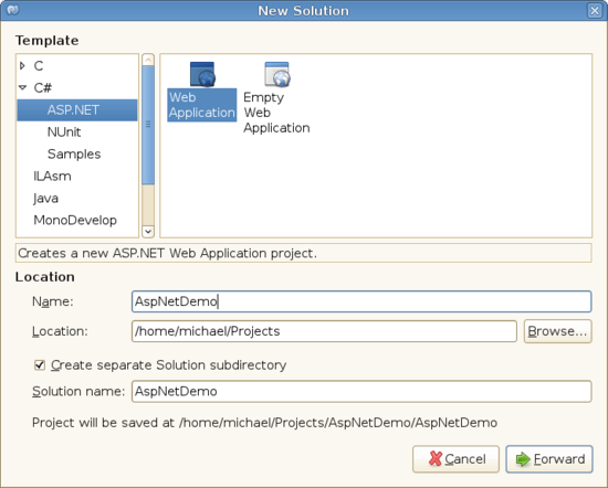 New Solution screen with Web Application entry selected