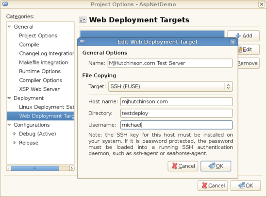 Web Deployment wizard showing various options